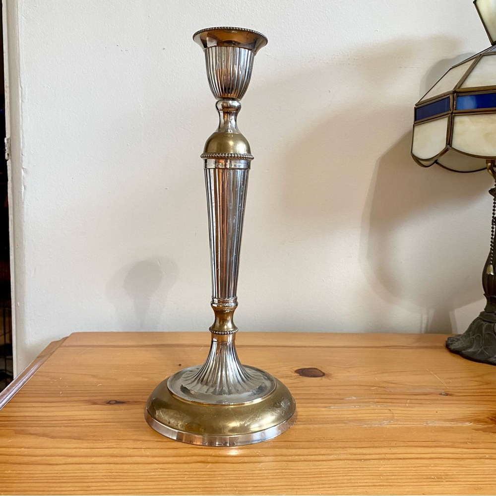 Antique or vintage candlestick silver gold metal ribbed design 12”